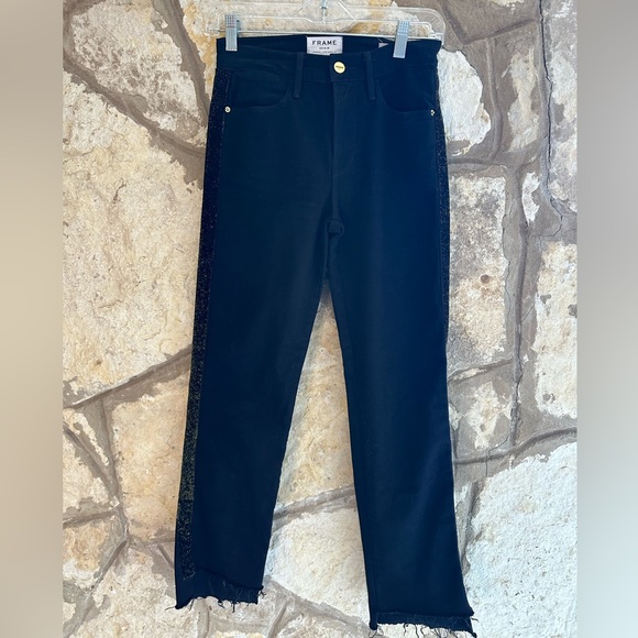 Frame Denim Black Le High Straight Glitter Stripe Jean size 25 - Picture 3 of 4